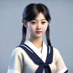 This is a hyper-realistic 3D render of a Japanese female student