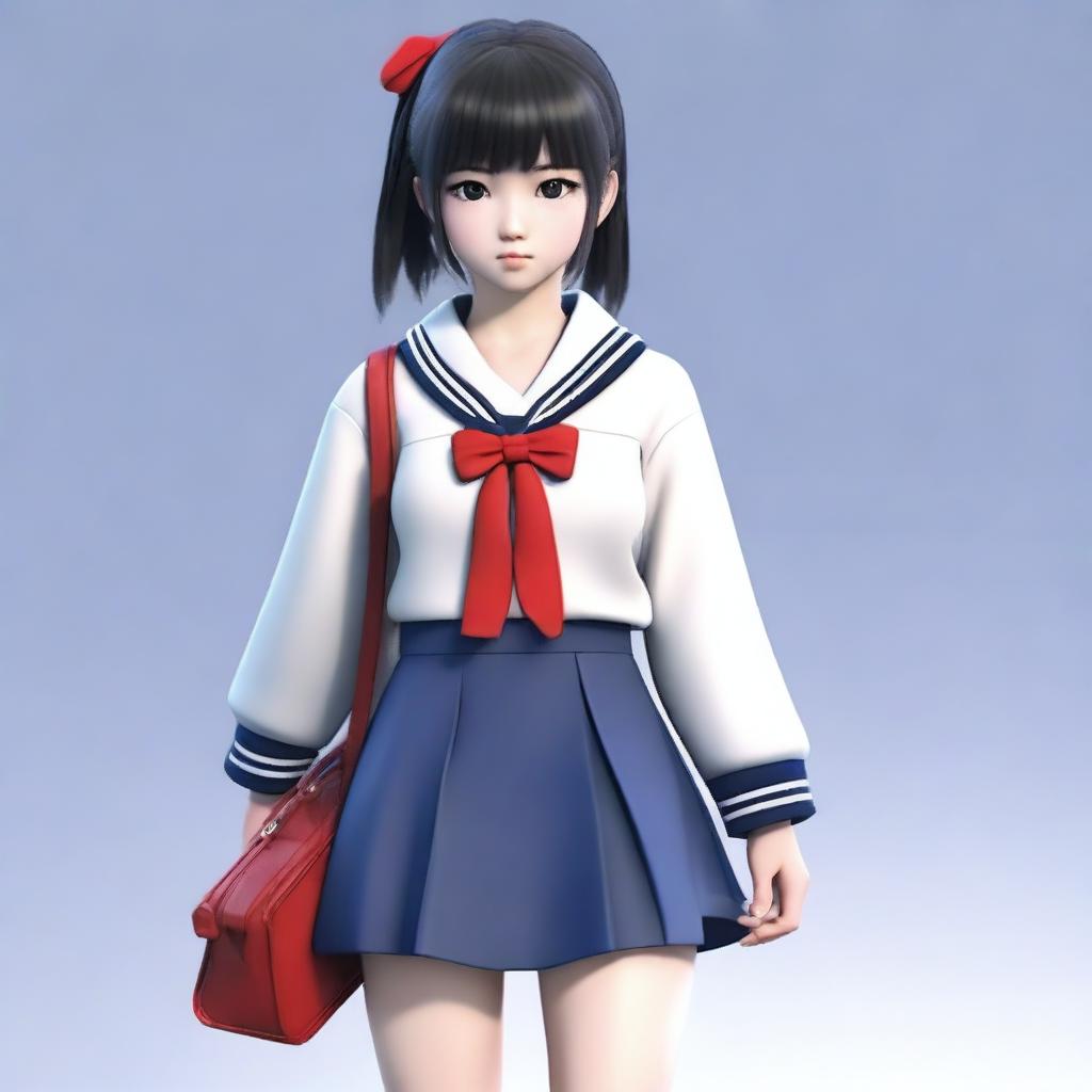 An ultra-realistic 3D render of a Japanese female student with a full-figured body