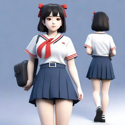 An ultra-realistic 3D render of a Japanese female student with a full-figured body