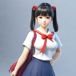 An ultra-realistic 3D render of a Japanese female student with a full-figured body