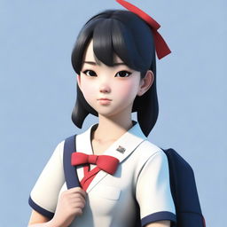 An ultra-realistic 3D render of a Japanese female student with a full-figured body