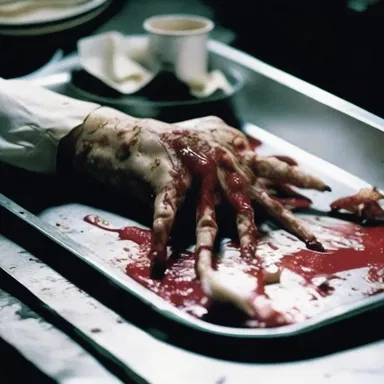 The horror movie had a scene where a dismembered hand suddenly appeared on the tray of a nervous character.