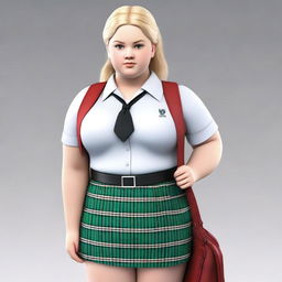 This is an ultra-realistic 3D render of a full-figured British female student