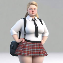 This is an ultra-realistic 3D render of a full-figured British female student
