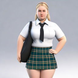 This is an ultra-realistic 3D render of a full-figured British female student