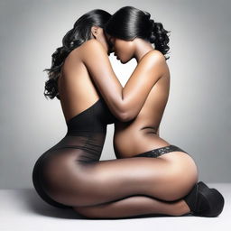 An ultra-realistic digital art piece that vividly portrays two women in their 30s, on their hands and knees