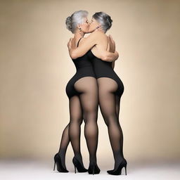 This is an ultra-realistic digital art piece that depicts two women in their 50s, on their hands and knees