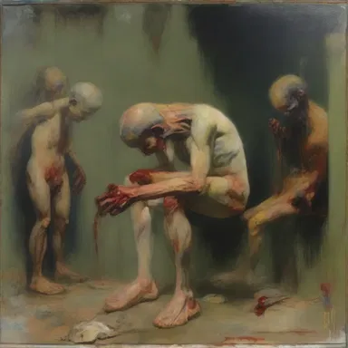 The painting depicted the crudity of human behavior in a raw and unsettling manner.