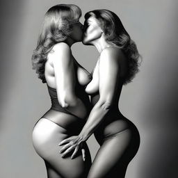 An ultra-realistic digital art piece features two women in their 50s, on their hands and knees, engaged in an intimate embrace