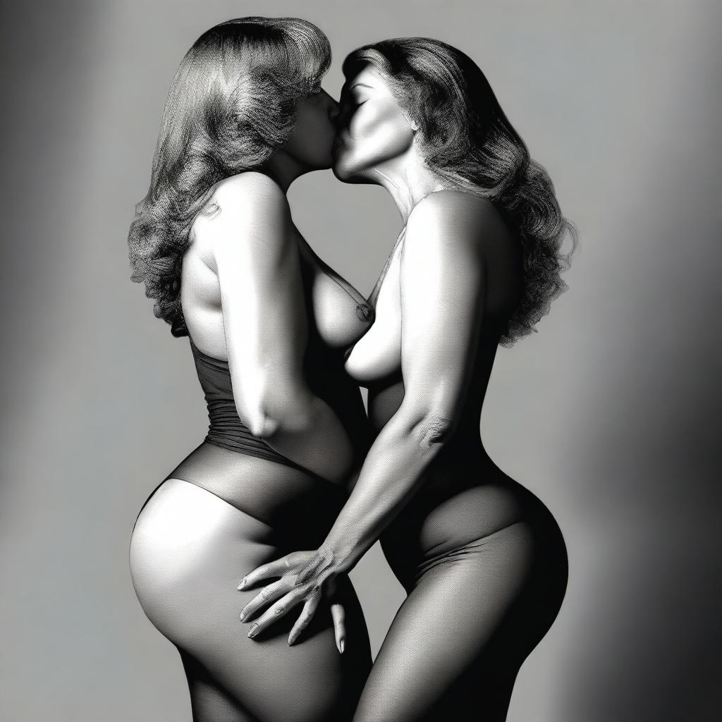 An ultra-realistic digital art piece features two women in their 50s, on their hands and knees, engaged in an intimate embrace