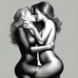 An ultra-realistic digital art piece features two women in their 50s, on their hands and knees, engaged in an intimate embrace