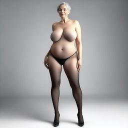 This is an ultra-realistic 3D render of a slender, 50-year-old woman with large breasts