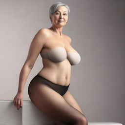 This is an ultra-realistic 3D render of a slender, 50-year-old woman with large breasts