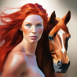 An exquisite digital art piece displaying a woman with vibrant orange hair and a majestic chestnut horse