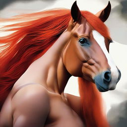 An exquisite digital art piece displaying a woman with vibrant orange hair and a majestic chestnut horse