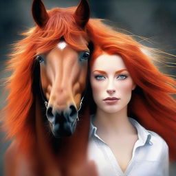 An exquisite digital art piece displaying a woman with vibrant orange hair and a majestic chestnut horse