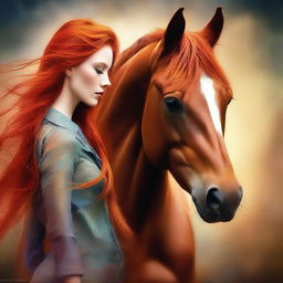 An exquisite digital art piece displaying a woman with vibrant orange hair and a majestic chestnut horse