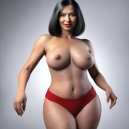 This is an ultra-realistic 3D render of a slender, 50-year-old woman with large breasts and prominent red nipples