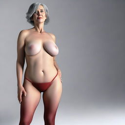 This is an ultra-realistic 3D render of a slender, 50-year-old woman with large breasts and prominent red nipples