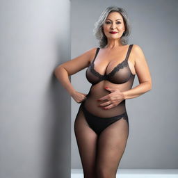 This is an ultra-realistic 3D render of a slender, 50-year-old woman with large breasts and prominent red nipples