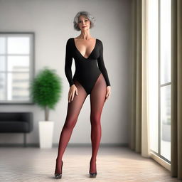 This is an ultra-realistic 3D render of a slender, 50-year-old woman with large breasts and prominent red nipples