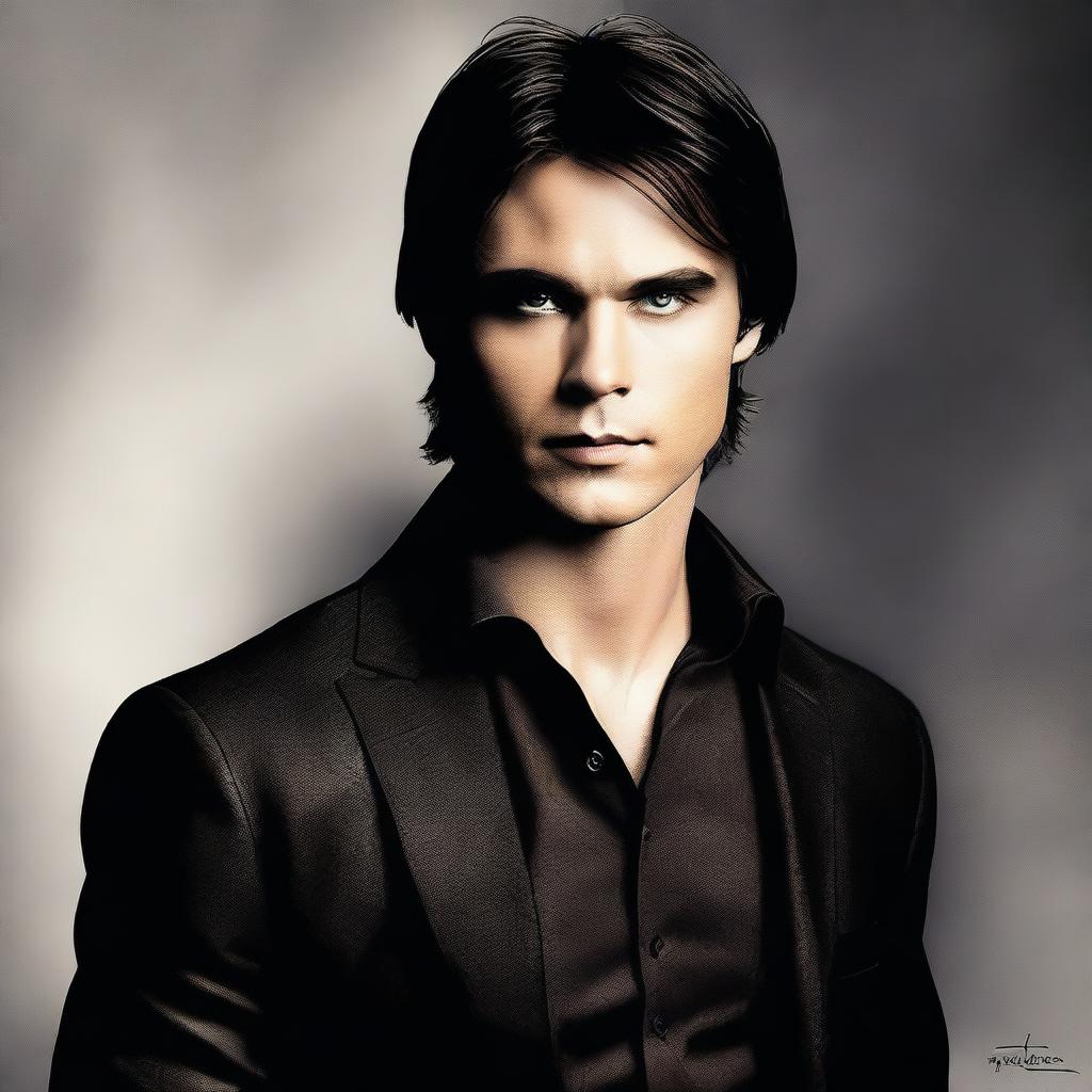 A highly detailed digital art representation of Damon Salvatore, the charismatic vampire from 'The Vampire Diaries'