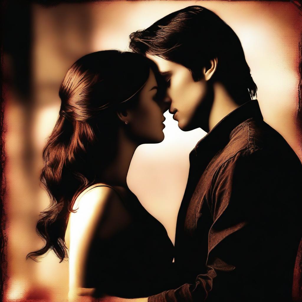 An intimate digital art representation of Damon Salvatore and Elena Gilbert from 'The Vampire Diaries', depicting a romantic moment