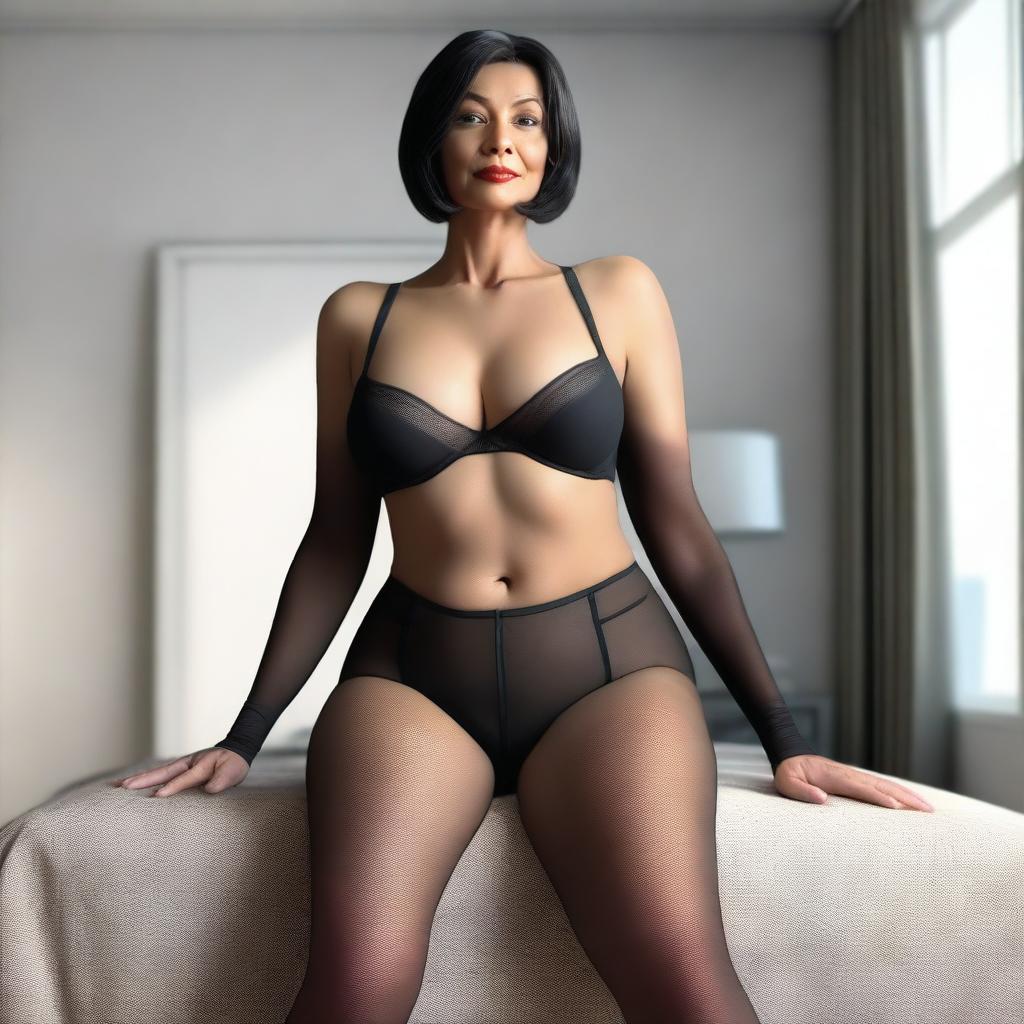 An ultra-realistic, photo-like 3D render of a slender, 50-year-old woman with large breasts and prominent red nipples