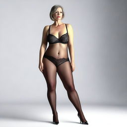 An ultra-realistic, photo-like 3D render of a slender, 50-year-old woman with large breasts and prominent red nipples