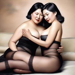 An ultra-realistic digital art piece features two Asian women in their 50s