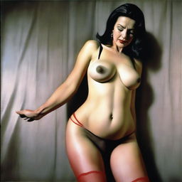 The image is an ultra-realistic, photo-like portrayal of a thin woman in her fifties