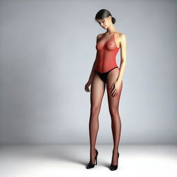 This is an ultra-realistic, photo-like 3D render of a slender woman in her fifties