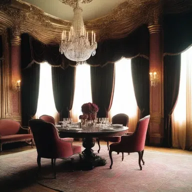 The opulent dining room was decorated with sable-colored curtains and plush velvet furniture.
