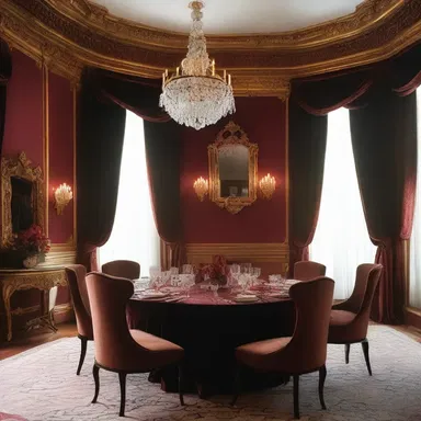 The opulent dining room was decorated with sable-colored curtains and plush velvet furniture.