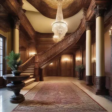 The opulent mansion featured a grand foyer adorned with intricately carved columns and a lavish sable trimming along the staircase.