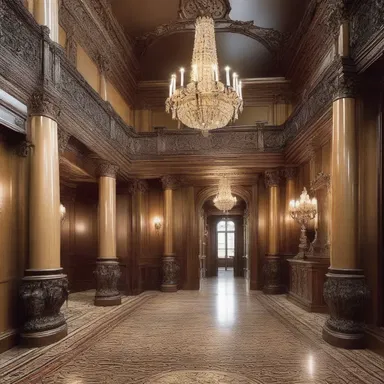 The opulent mansion featured a grand foyer adorned with intricately carved columns and a lavish sable trimming along the staircase.