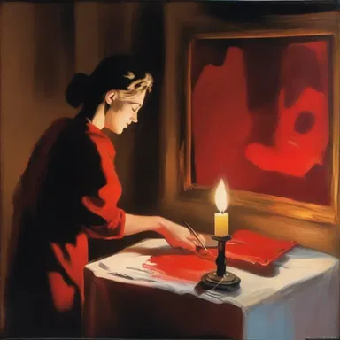 In a small cozy room lit by candlelight, the artist dipped their sable brush into vibrant red paint, capturing the essence of love on the canvas.