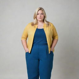 A tall, blonde, overweight person standing confidently