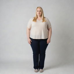 A tall, blonde, overweight person standing confidently