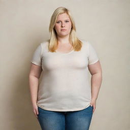 A tall, blonde, overweight person standing confidently