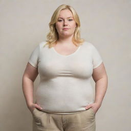 A tall, blonde, overweight person standing confidently