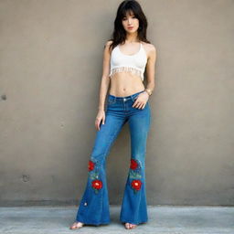 A woman wearing hip hugger bell-bottom jeans with fringe at the ankle, adorned with flower patches. She pairs it with a skimpy halter top. Her accessories include handmade items and peace symbols, reflecting the Vietnam War era.