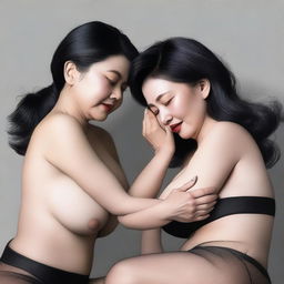An ultra-realistic digital art piece featuring two Asian women in their 50s