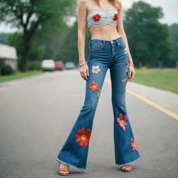 A woman wearing hip hugger bell-bottom jeans with fringe at the ankle, adorned with flower patches. She pairs it with a skimpy halter top. Her accessories include handmade items and peace symbols, reflecting the Vietnam War era.