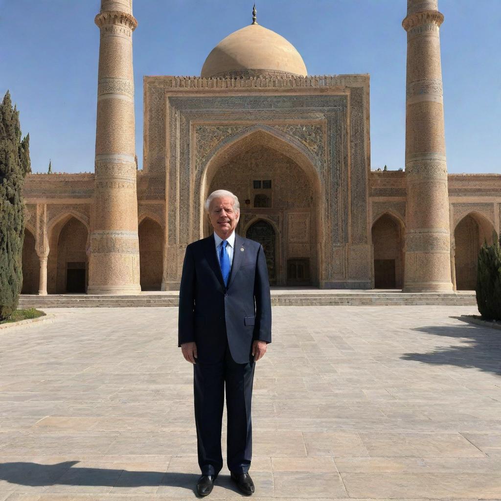 The current President of the United States standing in the vibrant and historic city of Samarqand, surrounded by majestic architecture and local culture