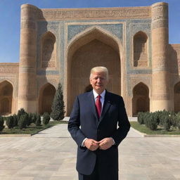 The current President of the United States standing in the vibrant and historic city of Samarqand, surrounded by majestic architecture and local culture