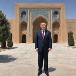 The current President of the United States standing in the vibrant and historic city of Samarqand, surrounded by majestic architecture and local culture