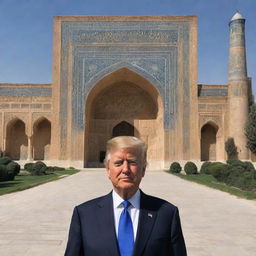 The current President of the United States standing in the vibrant and historic city of Samarqand, surrounded by majestic architecture and local culture