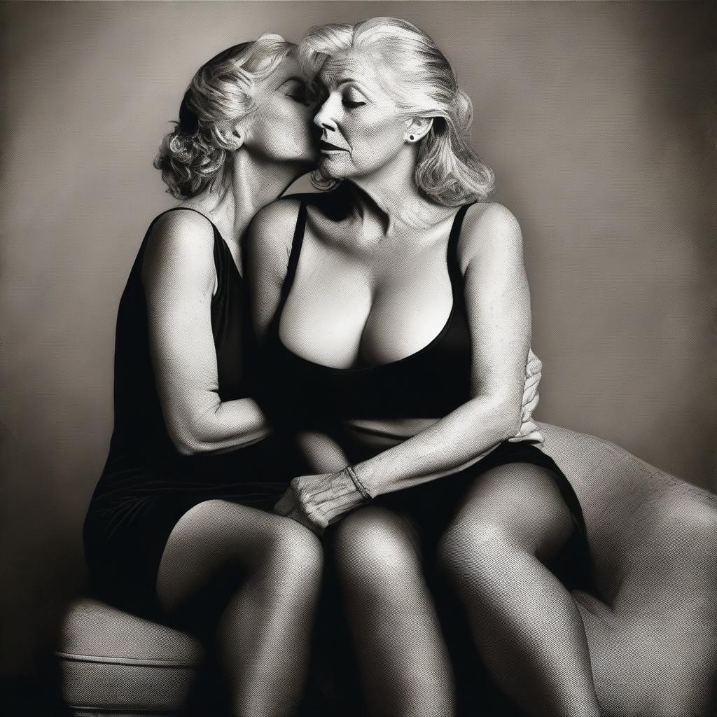 This is an ultra-realistic digital art piece featuring two women, both in their 50s, in a moment of deep intimacy
