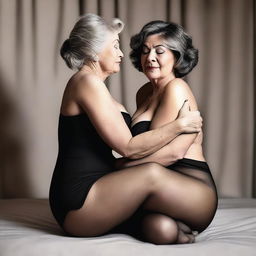 This is an ultra-realistic digital art piece featuring two women, both in their 50s, in a moment of deep intimacy